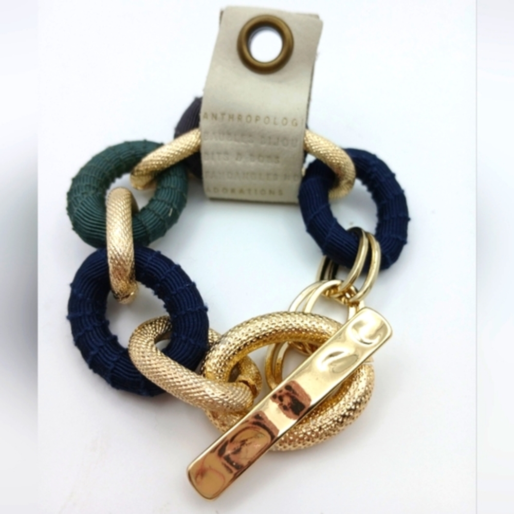 Anthropologie Gold Chunky Chain Link Bracelet Green Navy Grograin Ribbon Accents